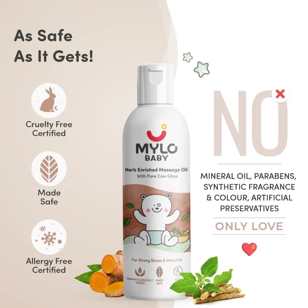 Mylo Herb Enriched Baby Massage Oil - 200 ml | Dermatologically Tested | Made Safe Certified | Nourishes Skin | Strengthens Immunity | Ayurvedic Preparation