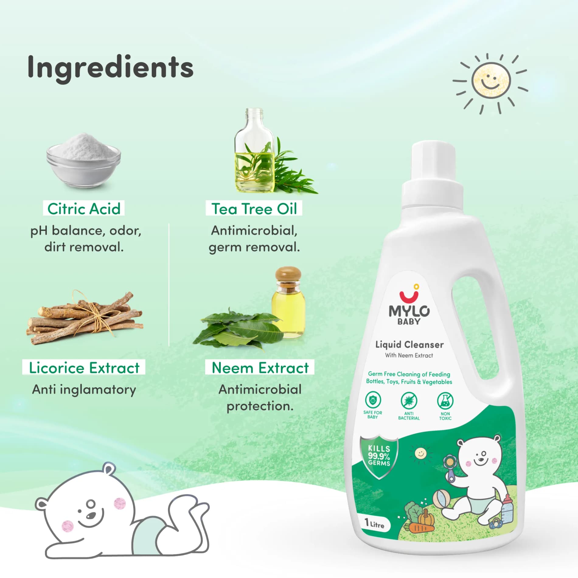 Baby-Safe Liquid Detergent & Liquid Cleanser | Pack of 1 each | Kills 99.9% Germs