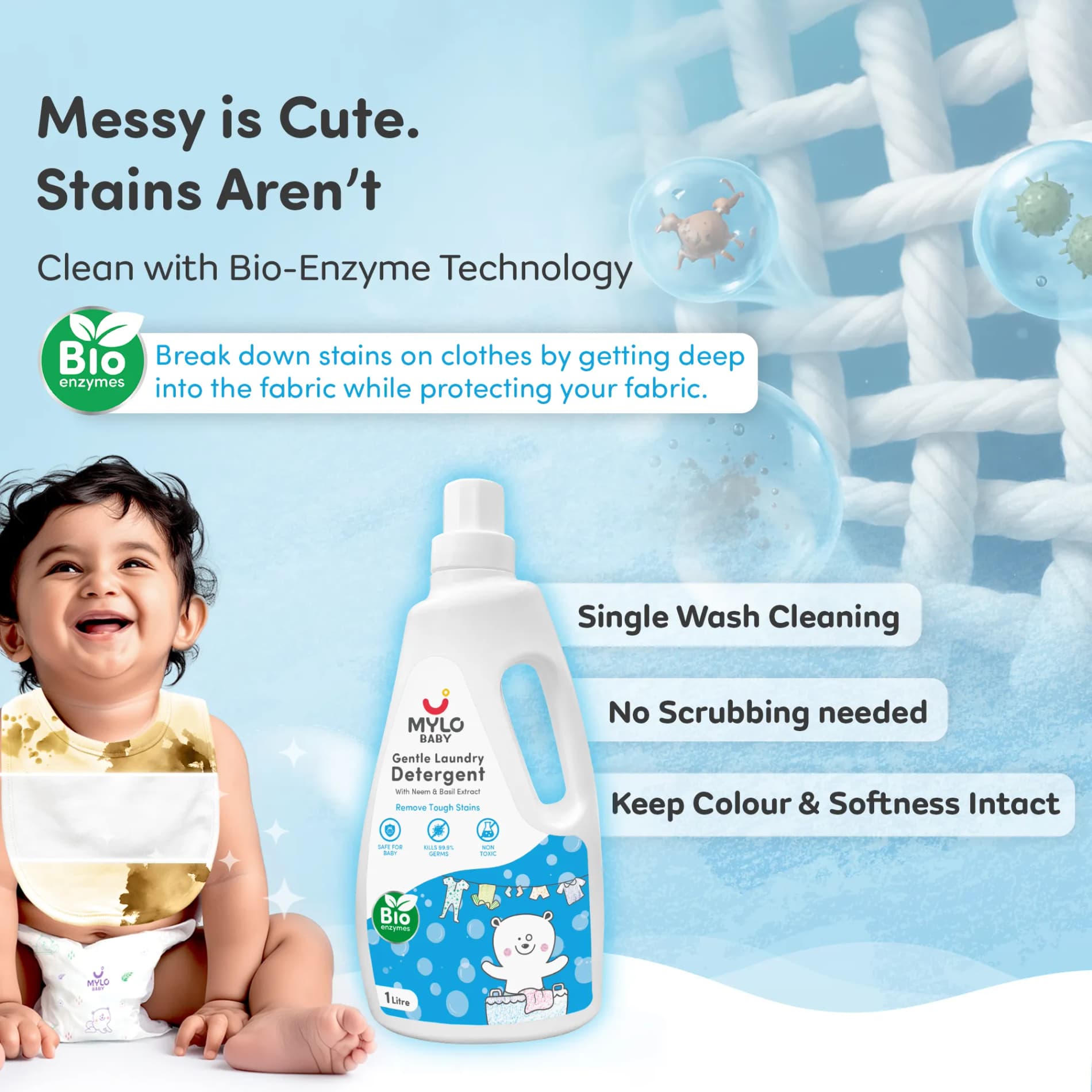 Baby-Safe Liquid Detergent for Baby Clothes | Tough on stains | Gentle on clothes | Keeps Color & Softness Intact | Suitable for Front & Top Load Washing Machine | 1 litre - Pack of 4