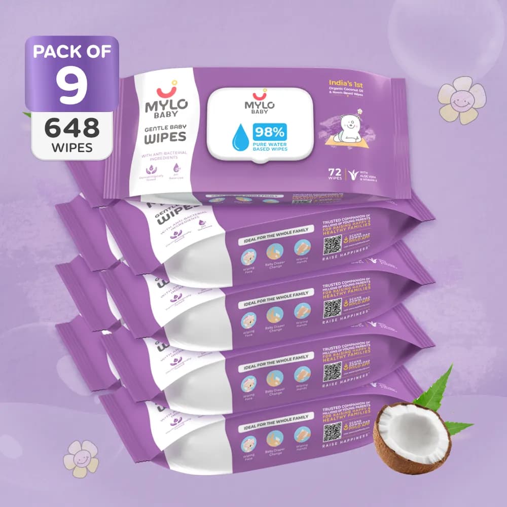 Gentle Baby Wipes With Lid - Organic Coconut Oil, Neem, Aloe Vera and Vitamin E | 98% Pure Water | Dermatologically Tested (Pack of 9) - 72 Wipes Per Pack