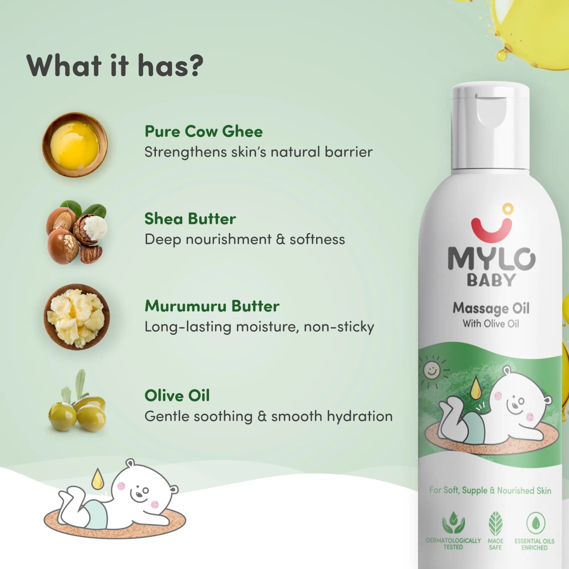 Mylo Herb Enriched Baby Massage Oil - 100 ml | For Winters Dermatologically Tested | Made Safe Certified | Nourishes Skin | Strengthens Immunity | Ayurvedic Preparation
