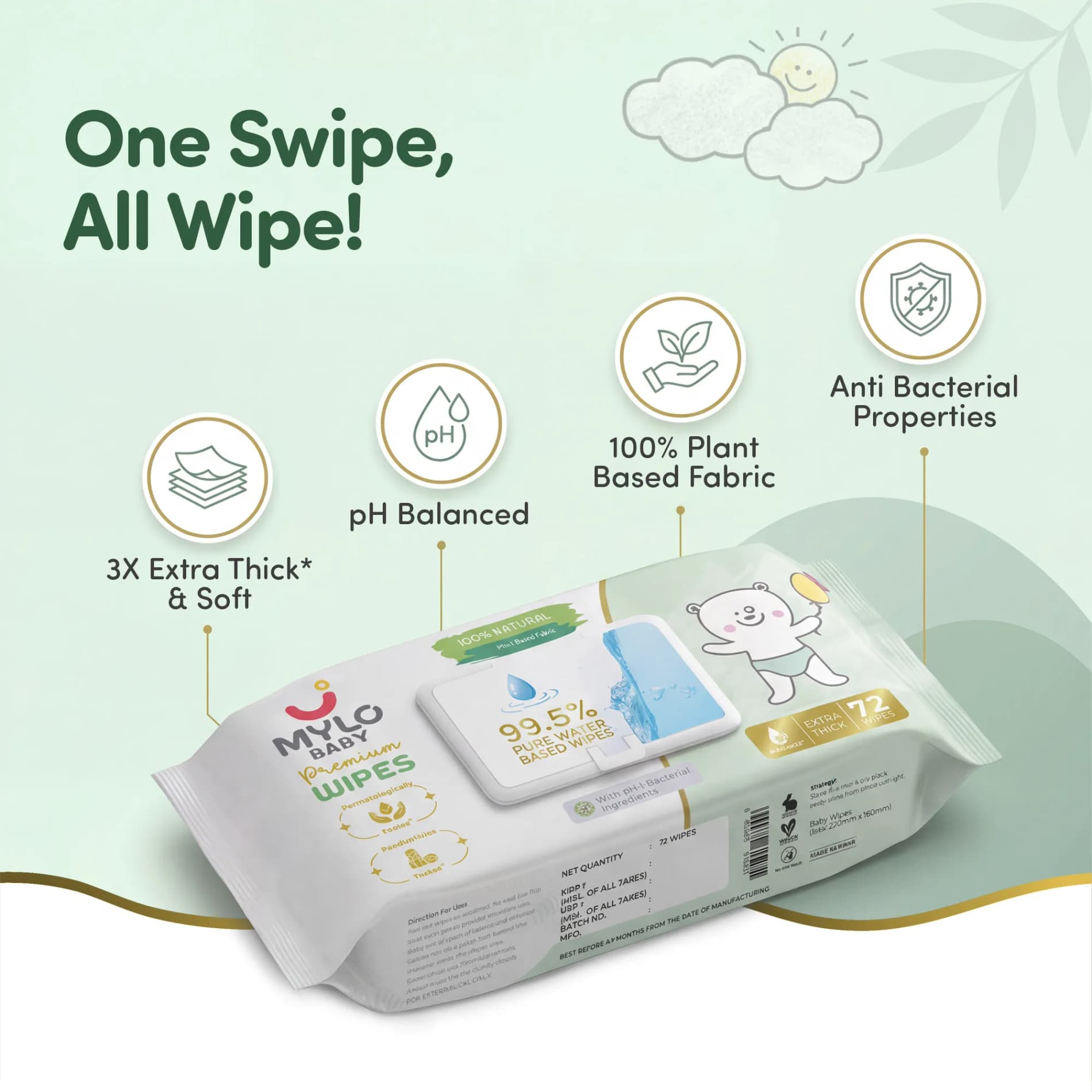 Mylo Baby 100% Plant-based Premium Wipes with 99.5% Pure Water & Calendula Extract - Pack of 2
