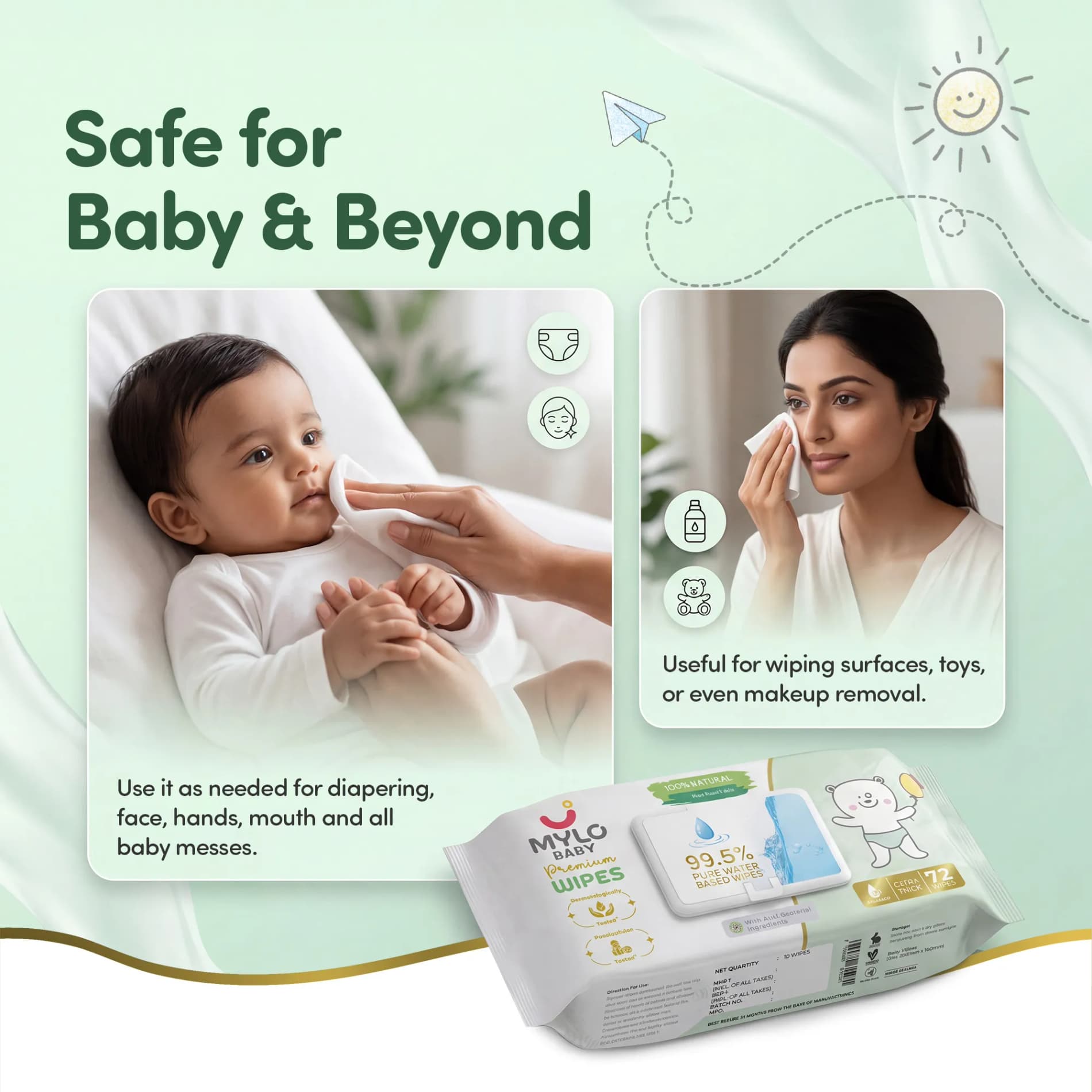 Mylo Baby 100% Plant-based Premium Wipes with 99.5% Pure Water & Calendula Extract - Pack of 2