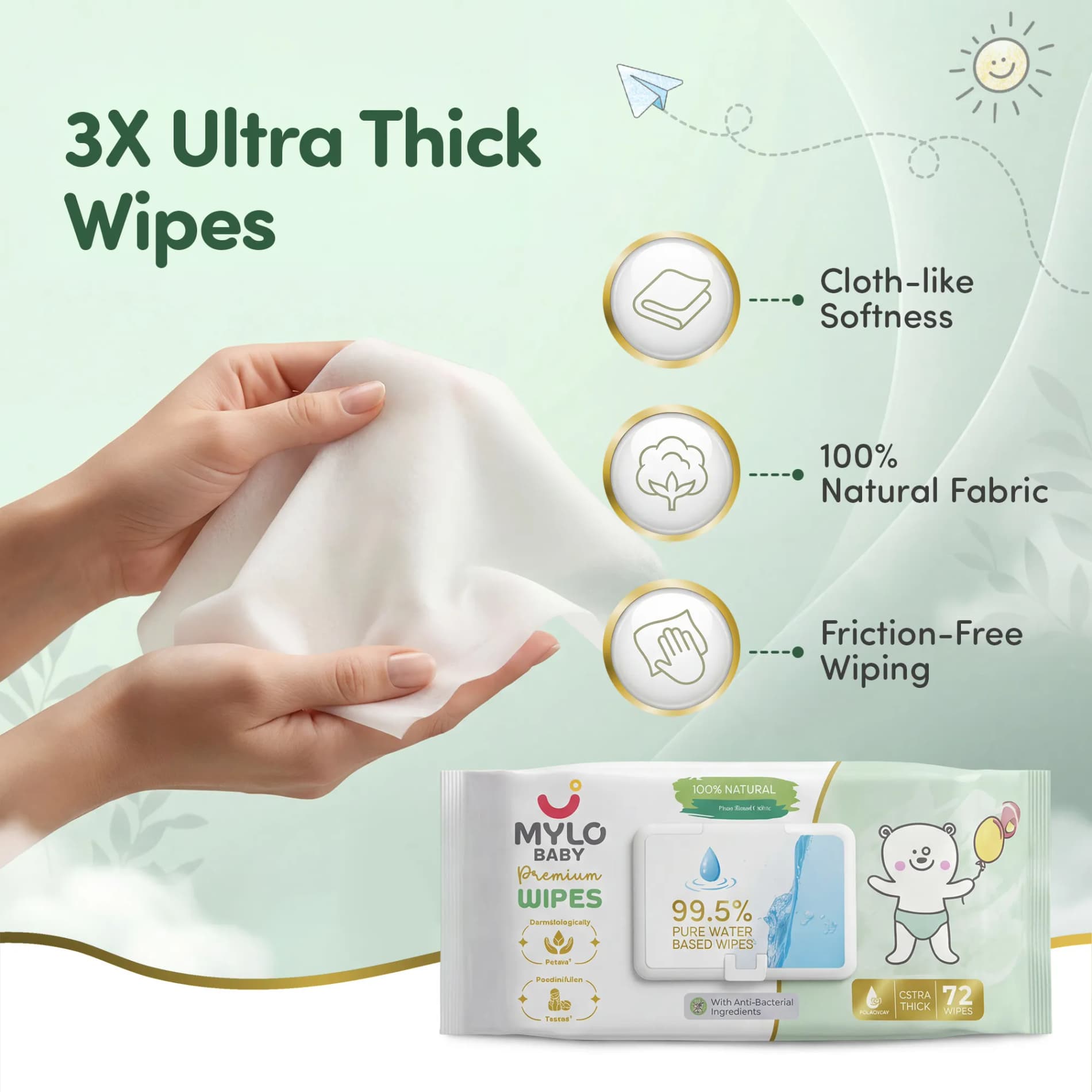 Mylo Baby 100% Plant-based Premium Wipes with 99.5% Pure Water & Calendula Extract - Pack of 2