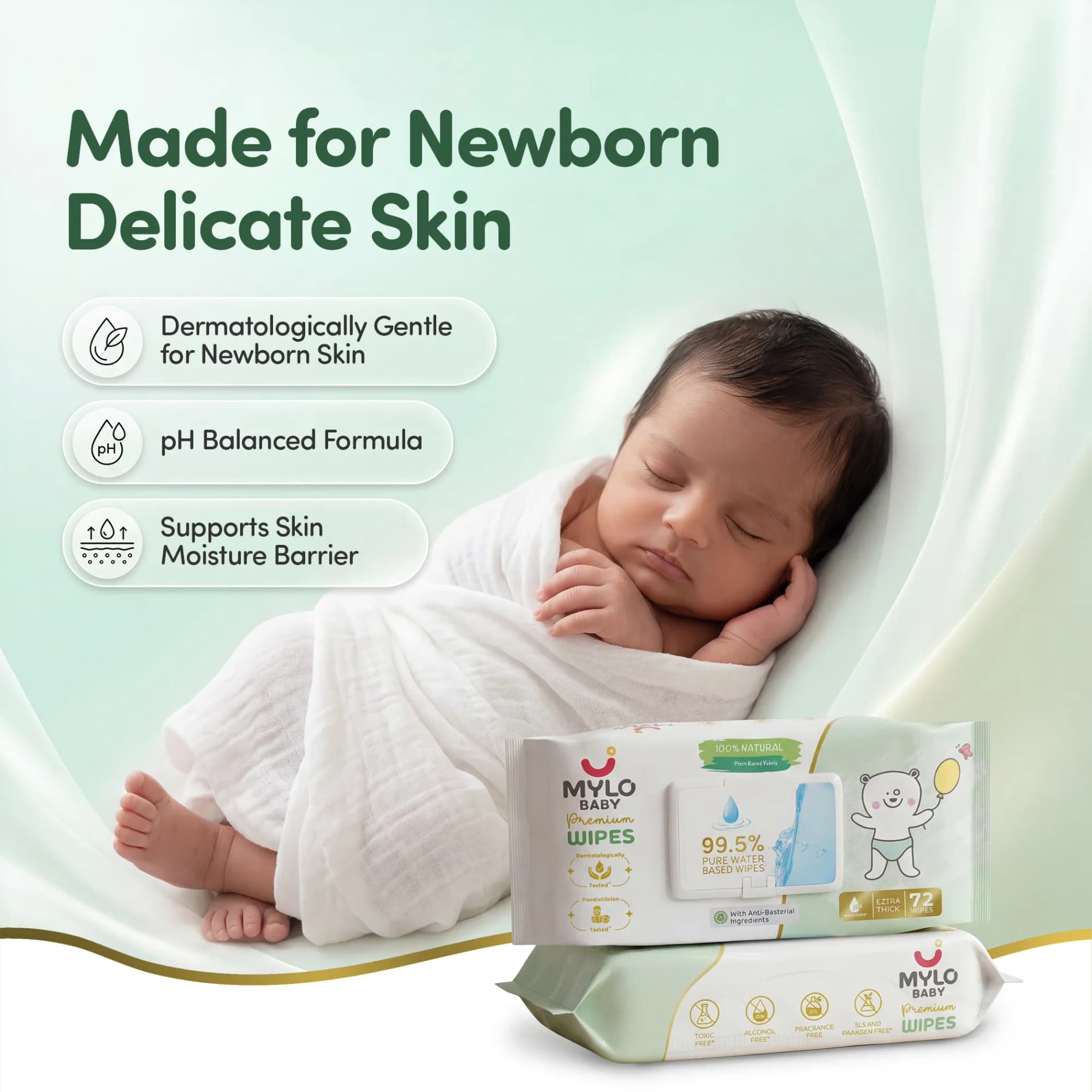 Mylo Baby 100% Plant-based Premium Wipes with 99.5% Pure Water & Calendula Extract - Pack of 2
