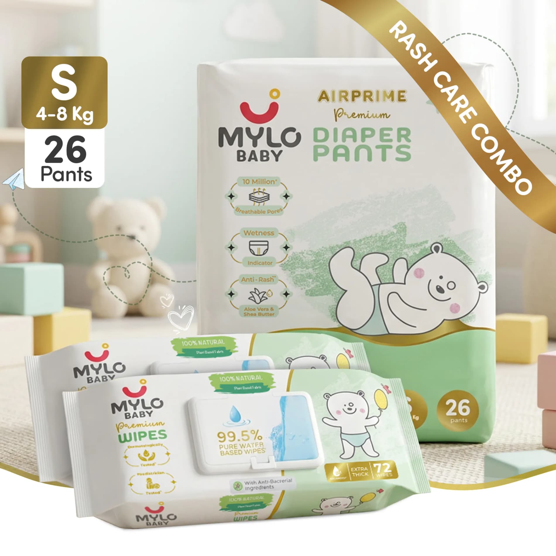 Airprime Premium Diaper Pants S (5–9 kg, 26 Count) + 100% Plant-Based Baby Wipes (Pack of 2)