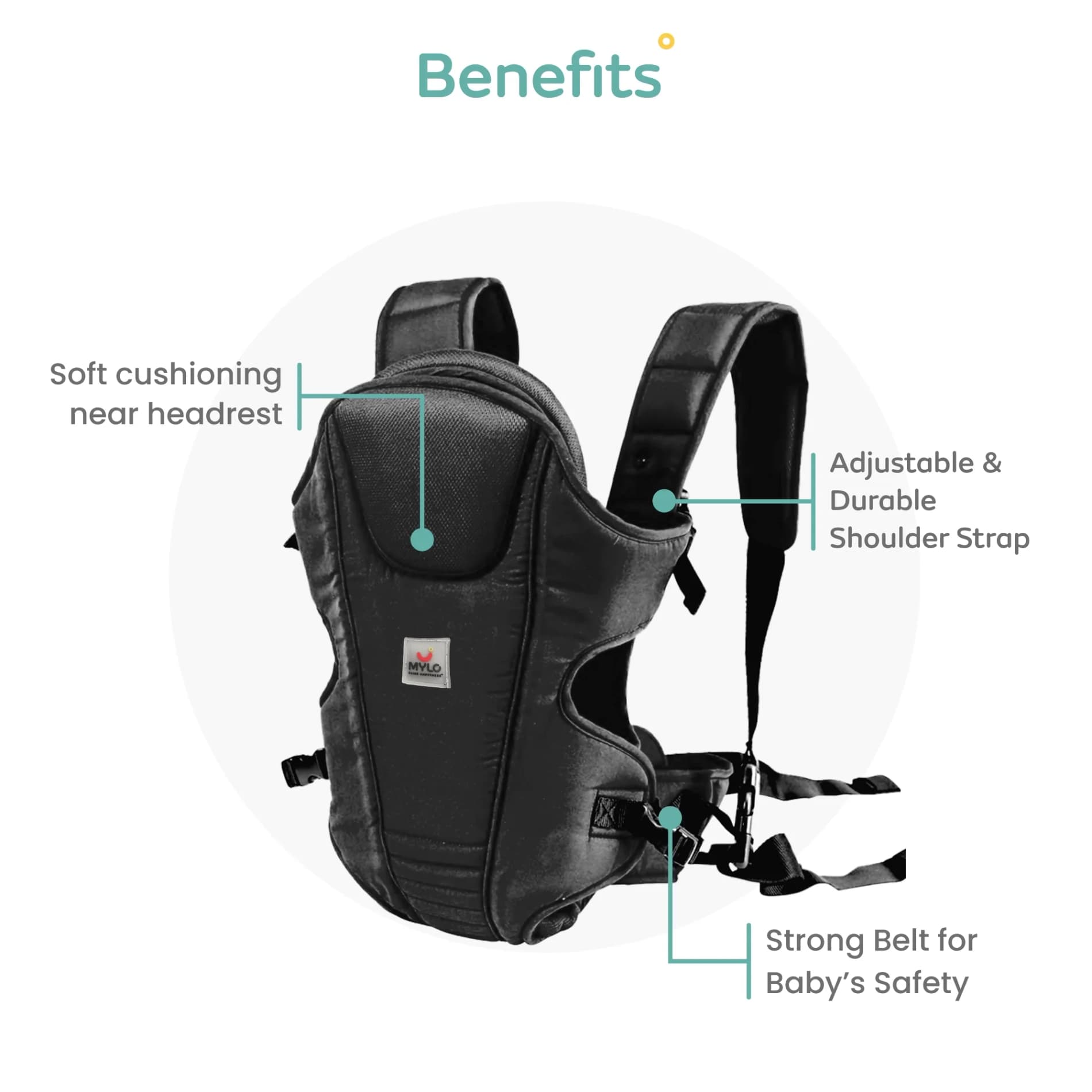 Baby Carrier with Head Support & Adjustable Buckle Straps (6 - 15 Months) - Black