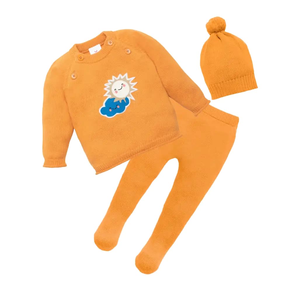 Baby Full Sleeves Sweater & Footed Pant Set with Cap in 100% Cotton – Orange Sun 3-6 M 