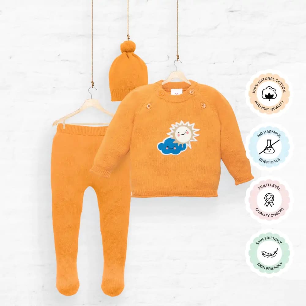 Baby Full Sleeves Sweater & Footed Pant Set with Cap in 100% Cotton – Orange Sun 3-6 M 