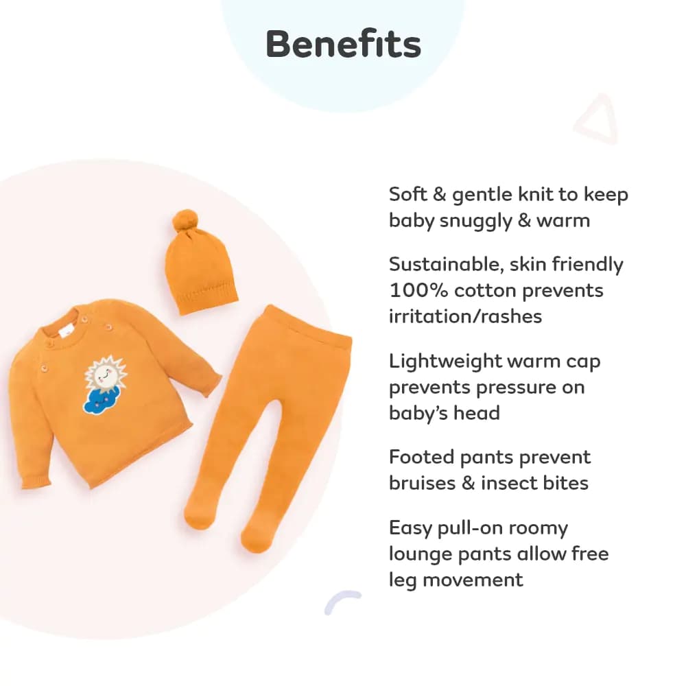 Baby Full Sleeves Sweater & Footed Pant Set with Cap in 100% Cotton – Orange Sun 3-6 M 