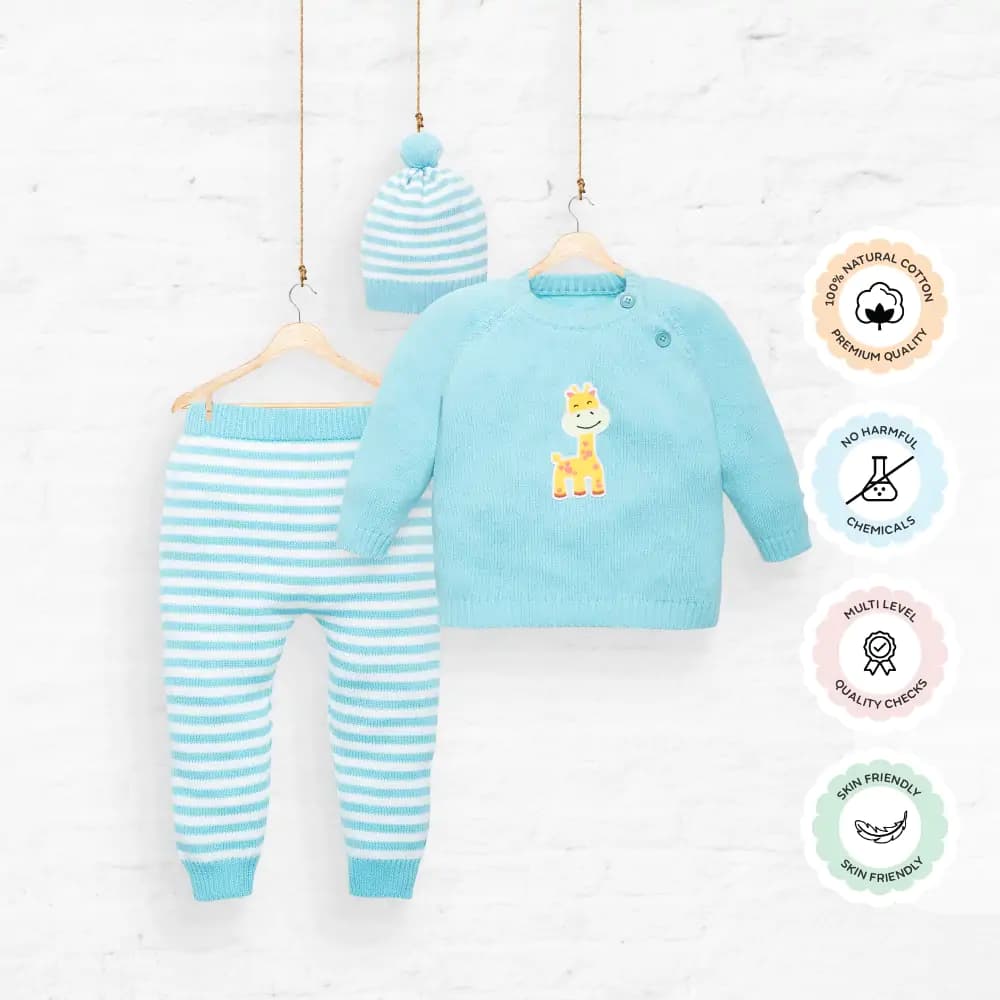 Baby Full Sleeves Sweater and Stripe Pant Set with Cap in 100% Cotton – Blue Giraffe (0-3M)