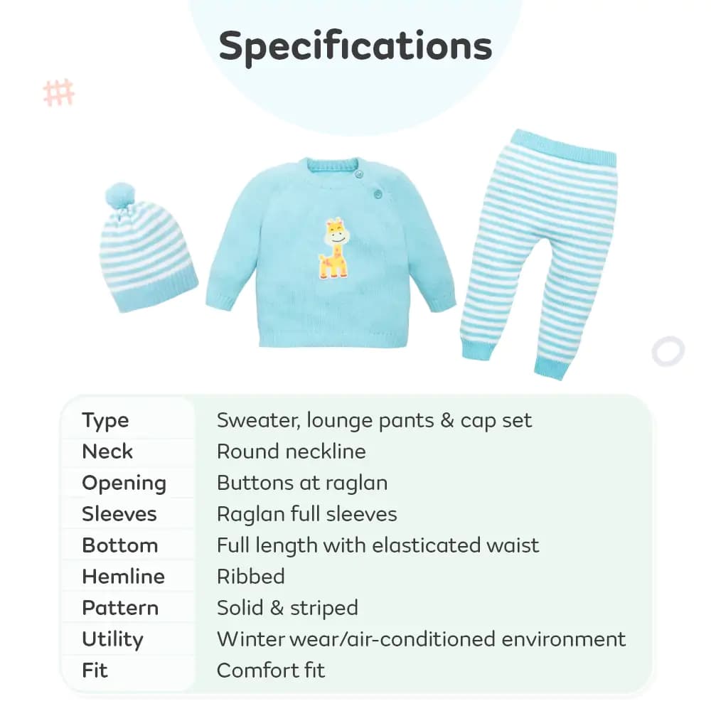 Baby Full Sleeves Sweater and Stripe Pant Set with Cap in 100% Cotton – Blue Giraffe (0-3M)