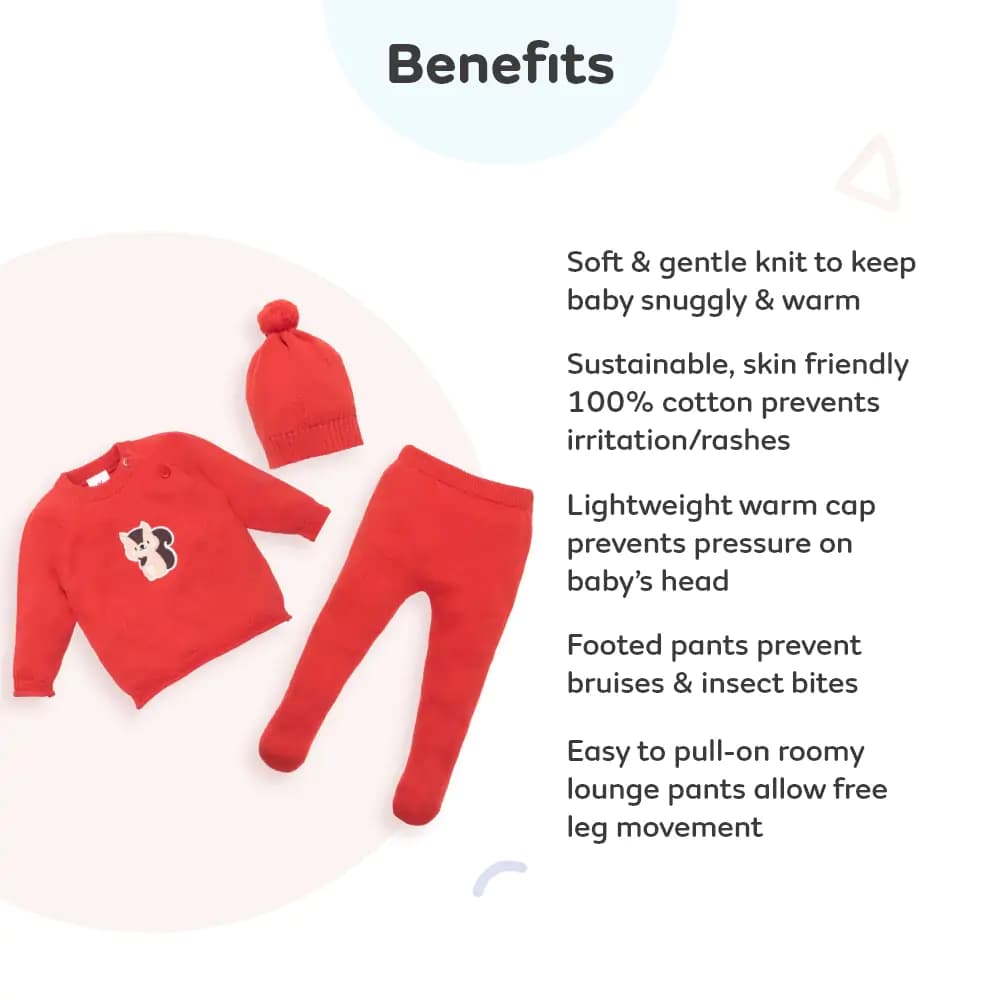 Baby Full Sleeves Sweater & Footed Pant Set with Cap in 100% Cotton – Poppy Red Squirrel (3-6 M)