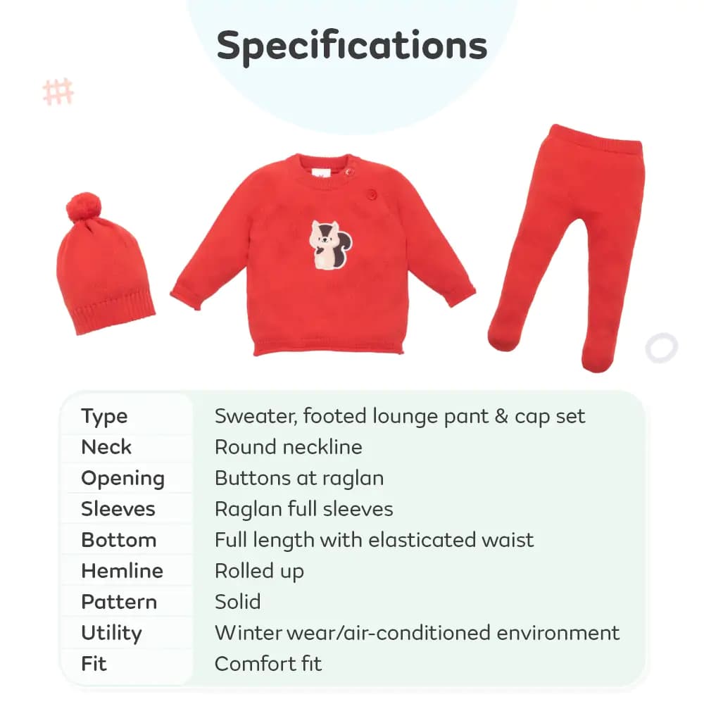 Baby Full Sleeves Sweater & Footed Pant Set with Cap in 100% Cotton – Poppy Red Squirrel (3-6 M)