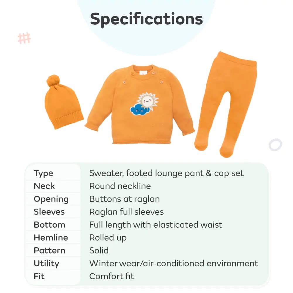 Baby Full Sleeves Sweater & Footed Pant Set with Cap in 100% Cotton – Orange Sun 3-6 M 