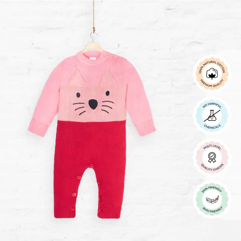 Baby Winter Wear Full Sleeves Romper/All-in-1 Suit in Heavy Gauge 100% Cotton– Pink & Red Meow (0-3 M)