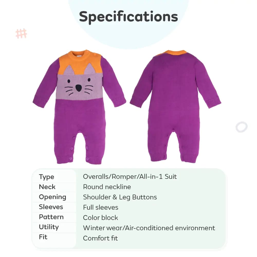Baby Winter Wear Full Sleeves Romper/All-in-1 Suit in Heavy Gauge 100% Cotton– Purple & Lavender Naughty Lion (12 - 18 M)