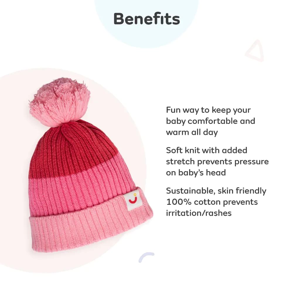 Baby Warm Winter Cap/Beanie with Pom-Pom in 100% Cotton – Red & Pink Beanie (0-6M) 