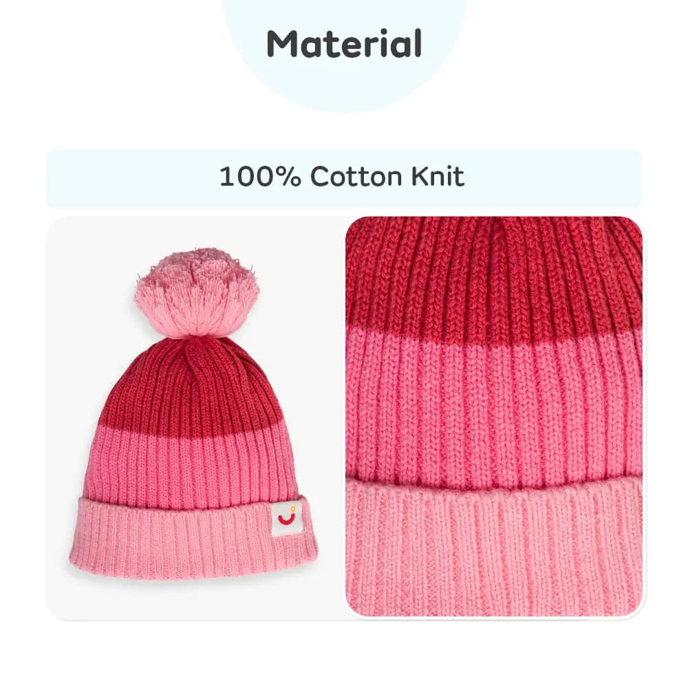 Baby Warm Winter Cap/Beanie with Pom-Pom in 100% Cotton – Red & Pink Beanie (0-6M) 