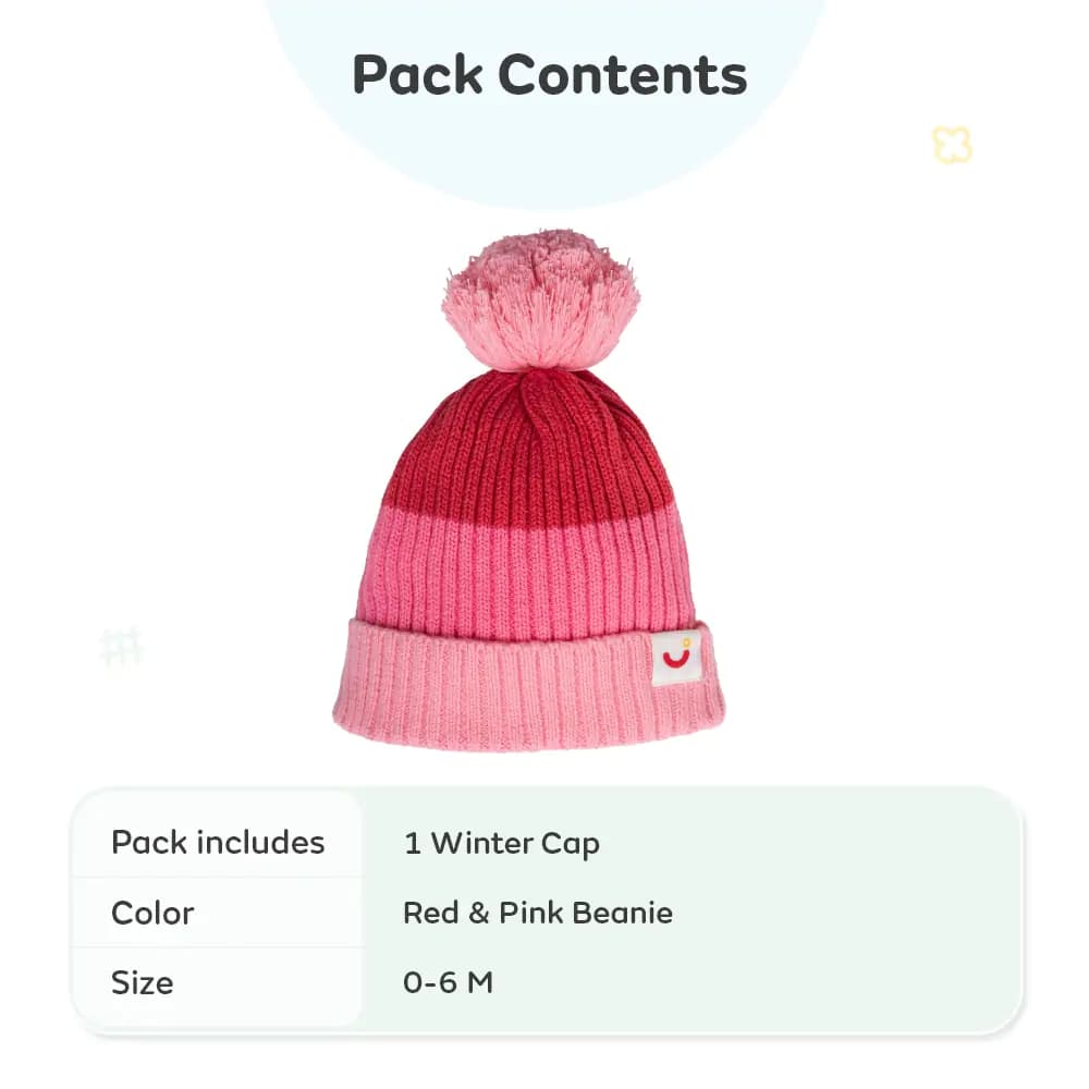 Baby Warm Winter Cap/Beanie with Pom-Pom in 100% Cotton – Red & Pink Beanie (0-6M) 