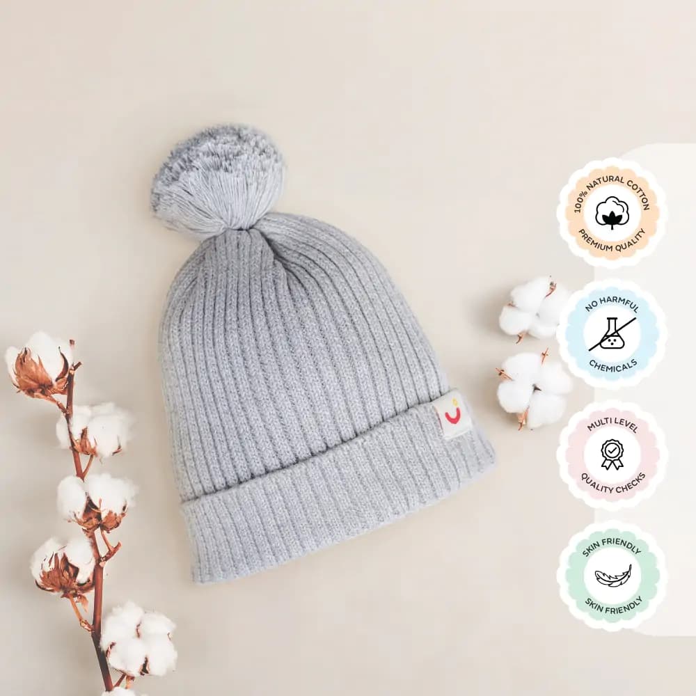 Baby Warm Winter Cap/Beanie with Pom-Pom in 100% Cotton – Lt. Grey (0-6M) 