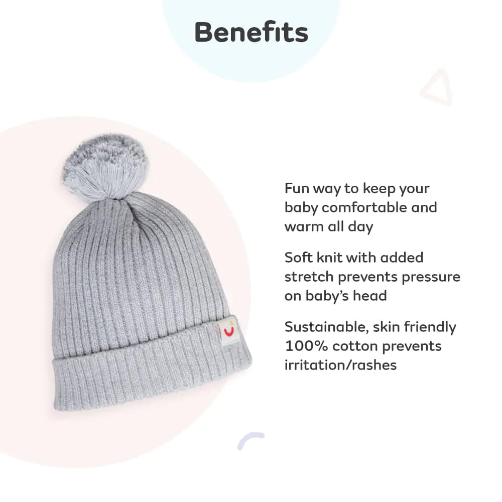 Baby Warm Winter Cap/Beanie with Pom-Pom in 100% Cotton – Lt. Grey (0-6M) 