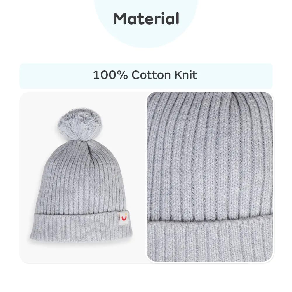 Baby Warm Winter Cap/Beanie with Pom-Pom in 100% Cotton – Lt. Grey (0-6M) 