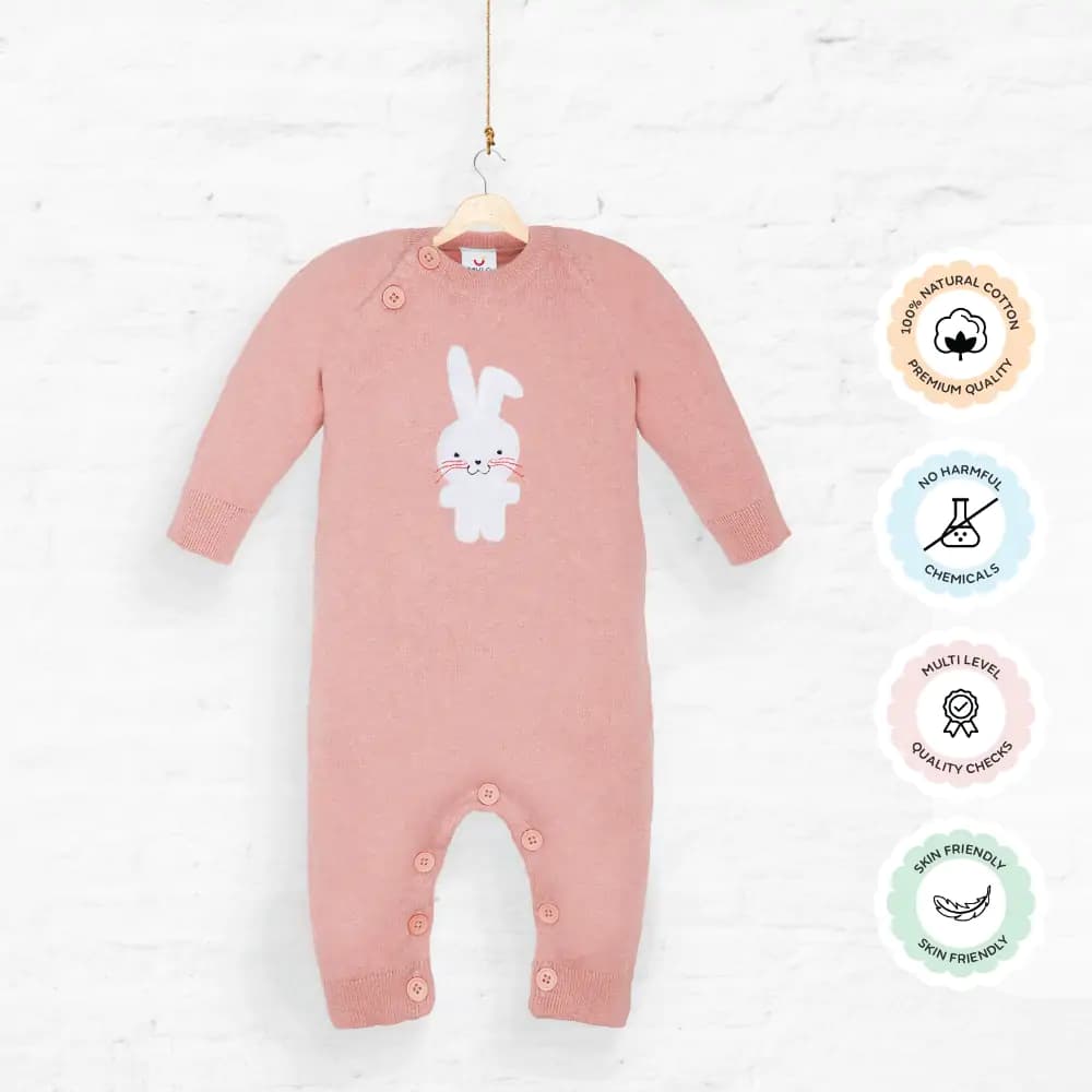 Baby Winter Wear Full Sleeves Romper/All-in-1 Suit in Fine Gauge 100% Cotton- Powder Pink Bunny (0-3 M)