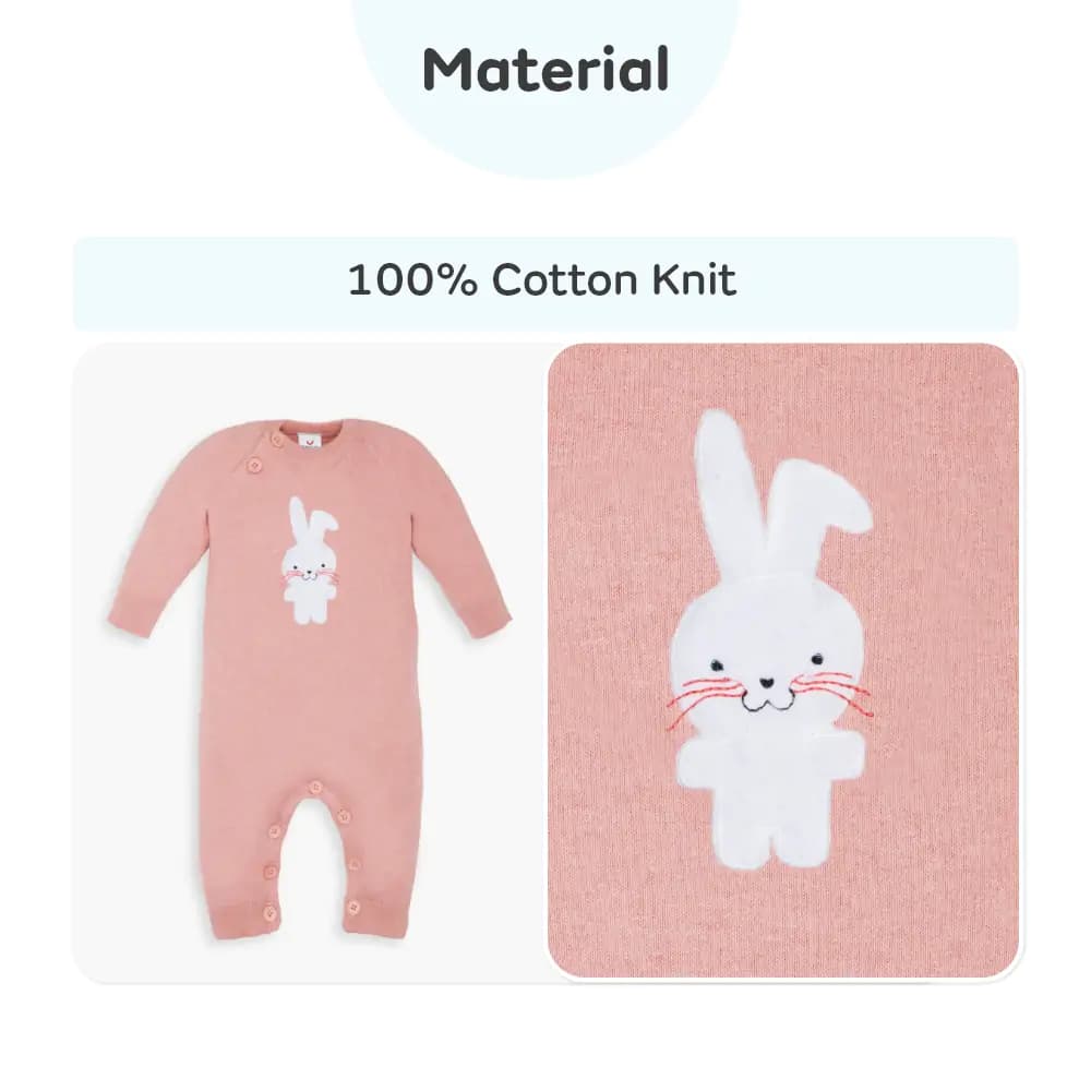 Baby Winter Wear Full Sleeves Romper/All-in-1 Suit in Fine Gauge 100% Cotton- Powder Pink Bunny (0-3 M)