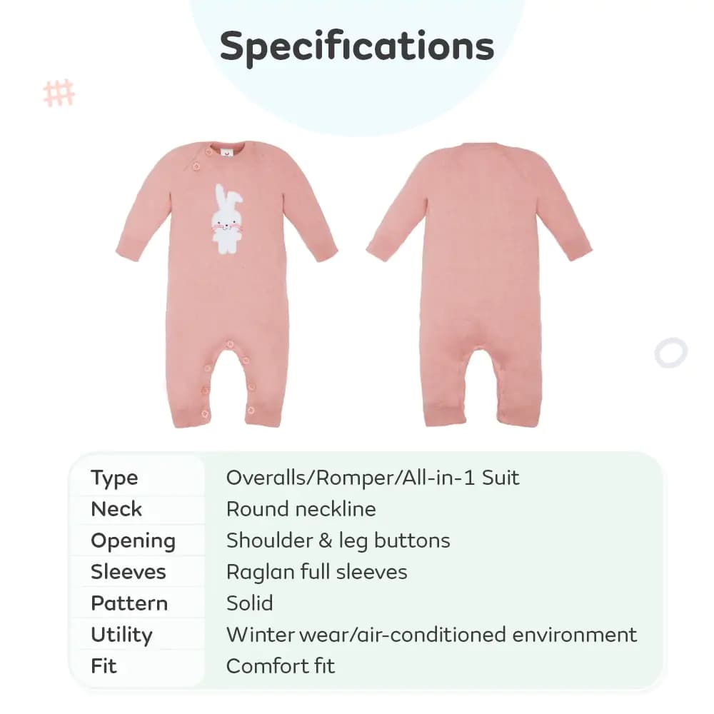 Baby Winter Wear Full Sleeves Romper/All-in-1 Suit in Fine Gauge 100% Cotton- Powder Pink Bunny (0-3 M)