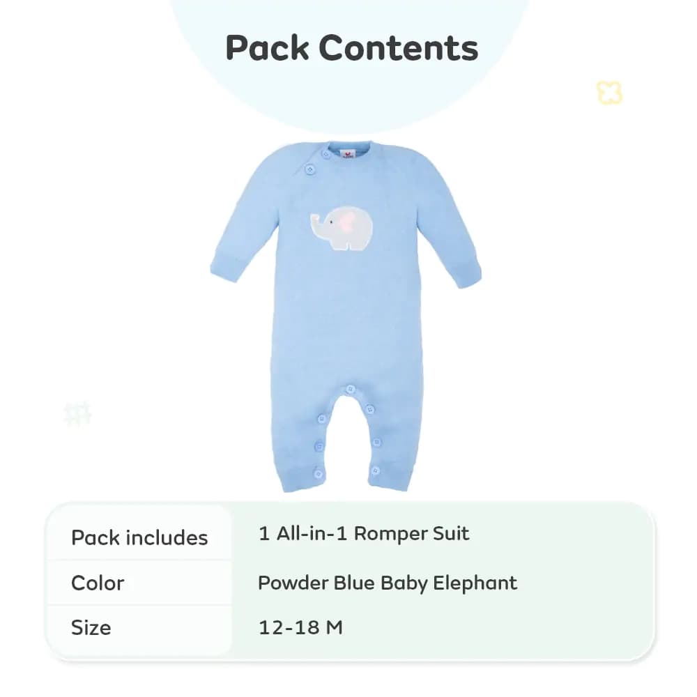 Baby Winter Wear Full Sleeves Romper /All-in-1 Suit in Fine Gauge 100% Cotton - Powder Blue Baby Elephant (12-18 M)