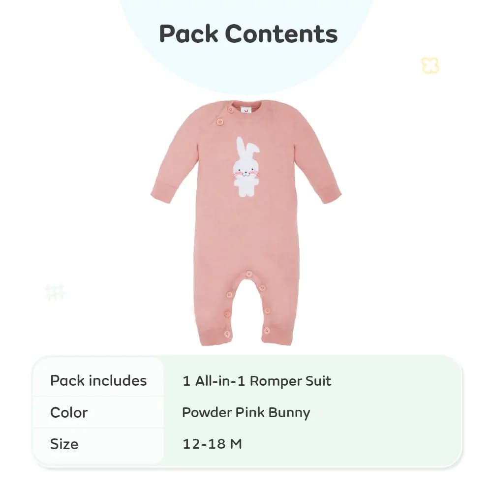 Baby Winter Wear Full Sleeves Romper/All-in-1 Suit in Fine Gauge 100% Cotton- Powder Pink Bunny (12-18 M)