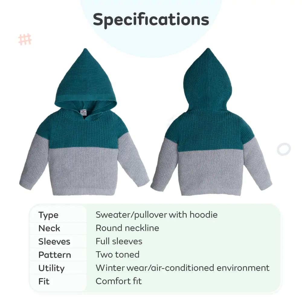 Baby Full Sleeves Sweater with Hoodie in 100% Cotton- Teal & Grey (6-9 M)