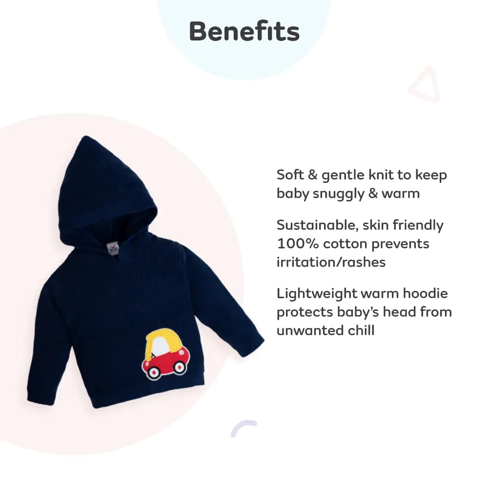 Baby Full Sleeves Sweater with Hoodie in 100% Cotton– Navy Toy Car (12-18 M)