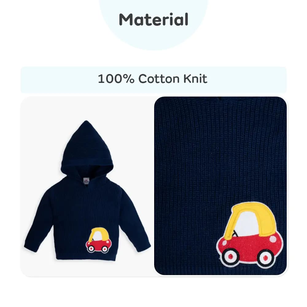 Baby Full Sleeves Sweater with Hoodie in 100% Cotton– Navy Toy Car (12-18 M)