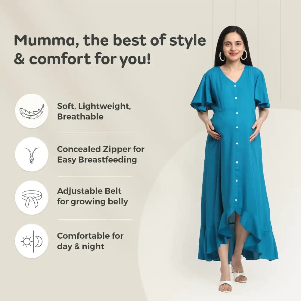 Pre & Post Maternity /Nursing, Asymmetrical Solid Maxi Dress with both sides Zipper for Easy Feeding - Hawaiian Blue-L
