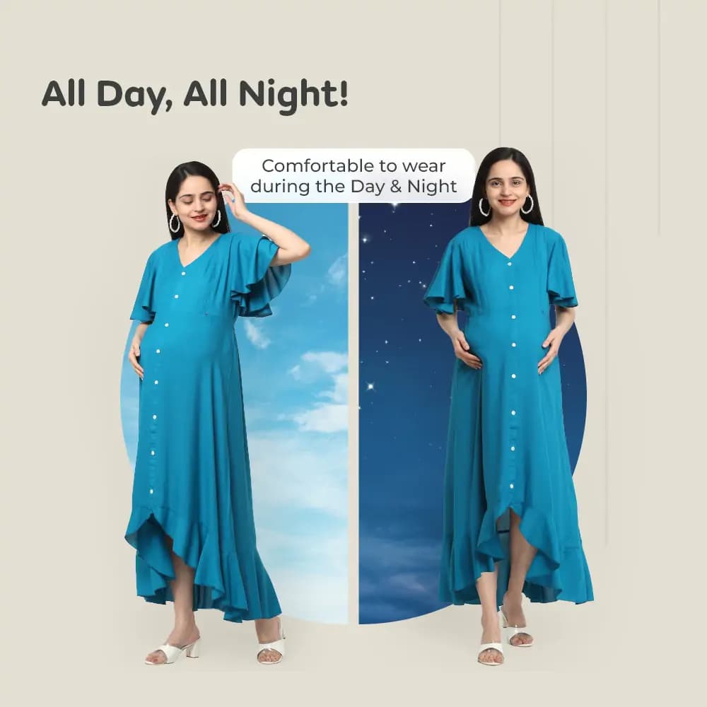 Pre & Post Maternity /Nursing, Asymmetrical Solid Maxi Dress with both sides Zipper for Easy Feeding - Hawaiian Blue-L