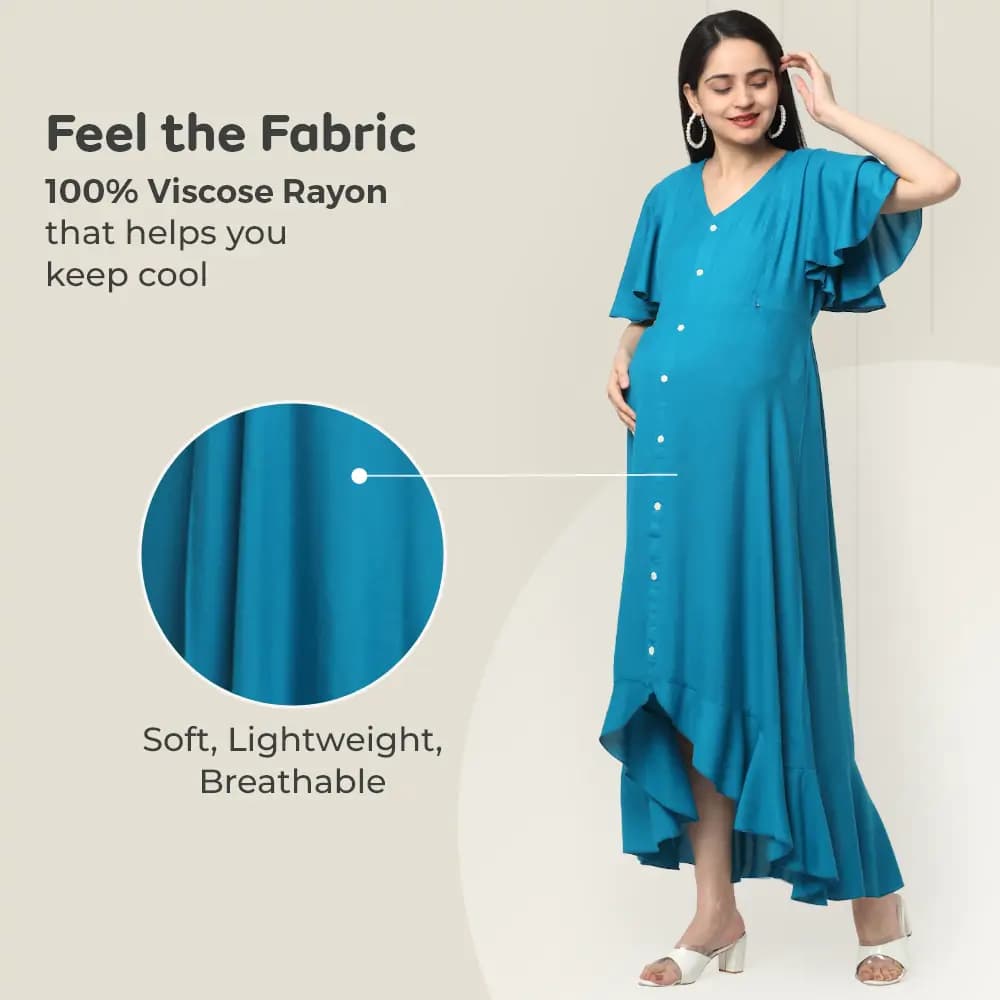 Pre & Post Maternity /Nursing, Asymmetrical Solid Maxi Dress with both sides Zipper for Easy Feeding - Hawaiian Blue-L