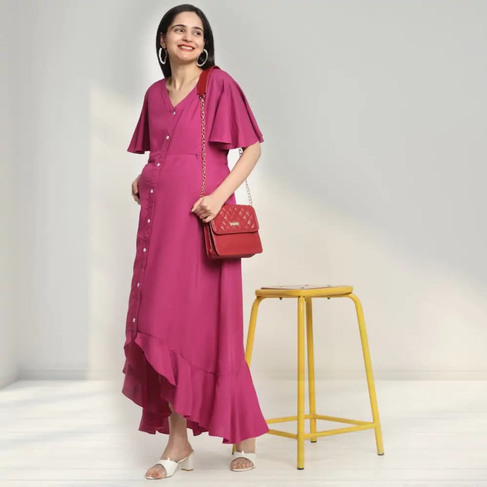 Pre & Post Maternity /Nursing, Asymmetrical  Solid Maxi Dress with both sides Zipper for Easy Feeding - Hawaiian Pink-M