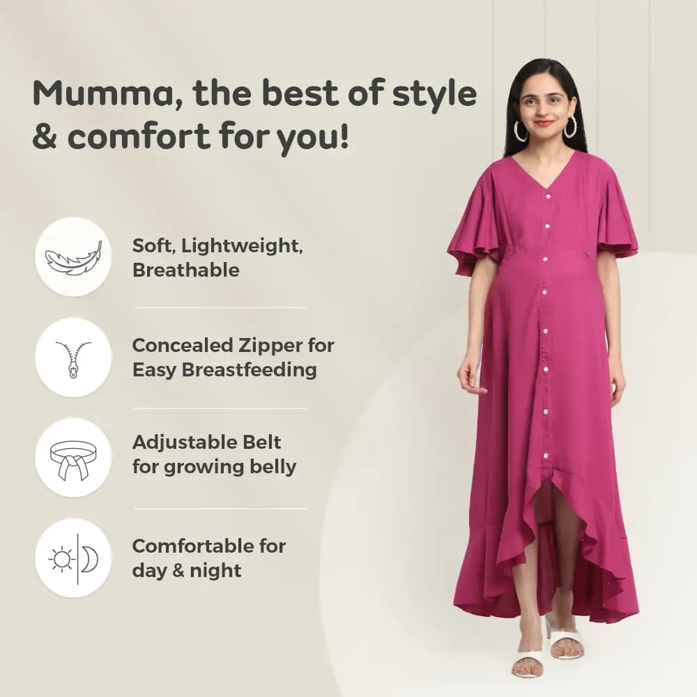 Pre & Post Maternity /Nursing, Asymmetrical  Solid Maxi Dress with both sides Zipper for Easy Feeding - Hawaiian Pink-M