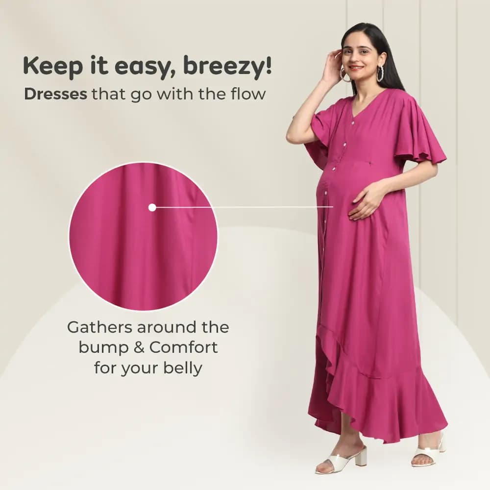 Pre & Post Maternity /Nursing, Asymmetrical  Solid Maxi Dress with both sides Zipper for Easy Feeding - Hawaiian Pink-M