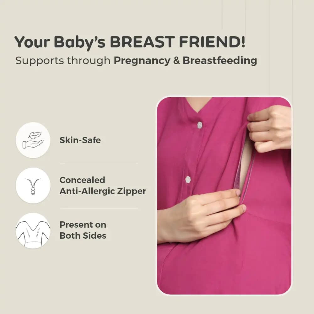 Pre & Post Maternity /Nursing, Asymmetrical  Solid Maxi Dress with both sides Zipper for Easy Feeding - Hawaiian Pink-M