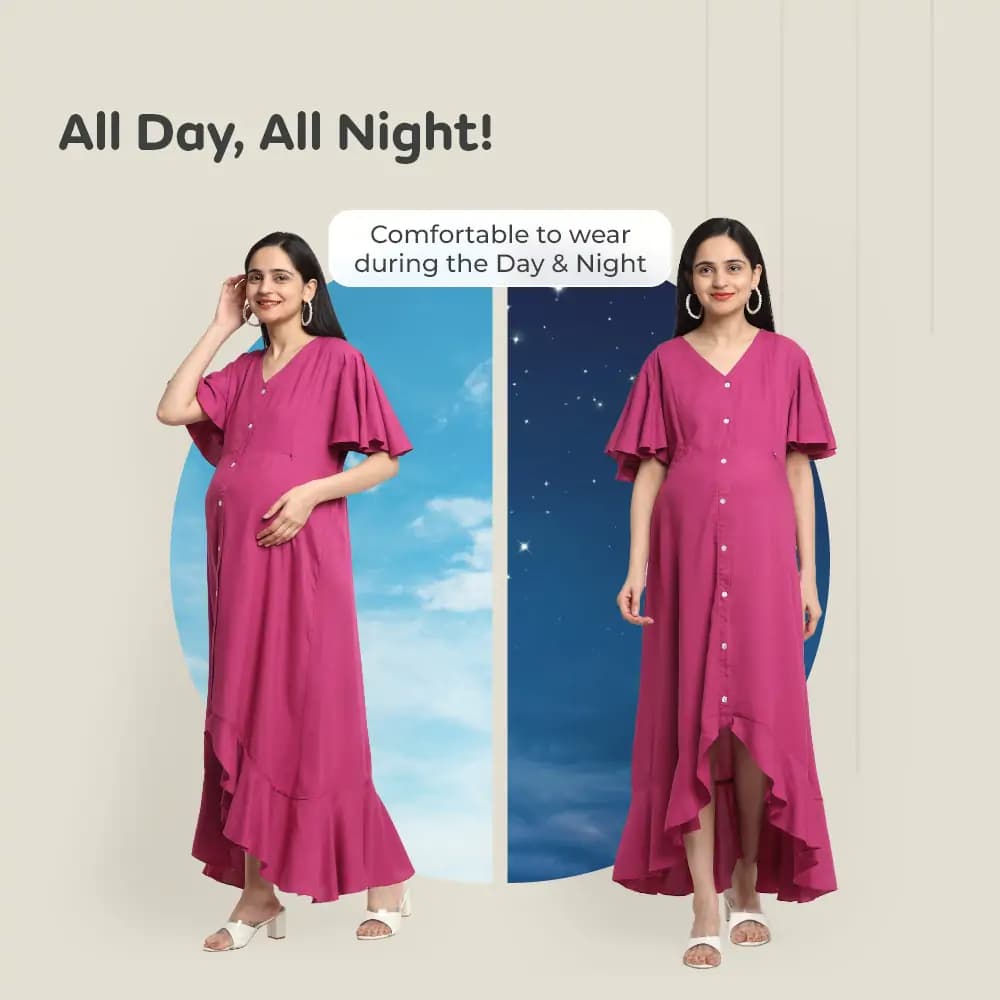Pre & Post Maternity /Nursing, Asymmetrical  Solid Maxi Dress with both sides Zipper for Easy Feeding - Hawaiian Pink-M