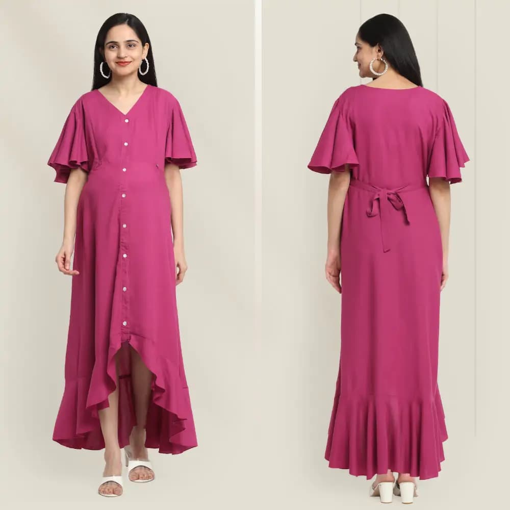 Pre & Post Maternity /Nursing, Asymmetrical  Solid Maxi Dress with both sides Zipper for Easy Feeding - Hawaiian Pink-M
