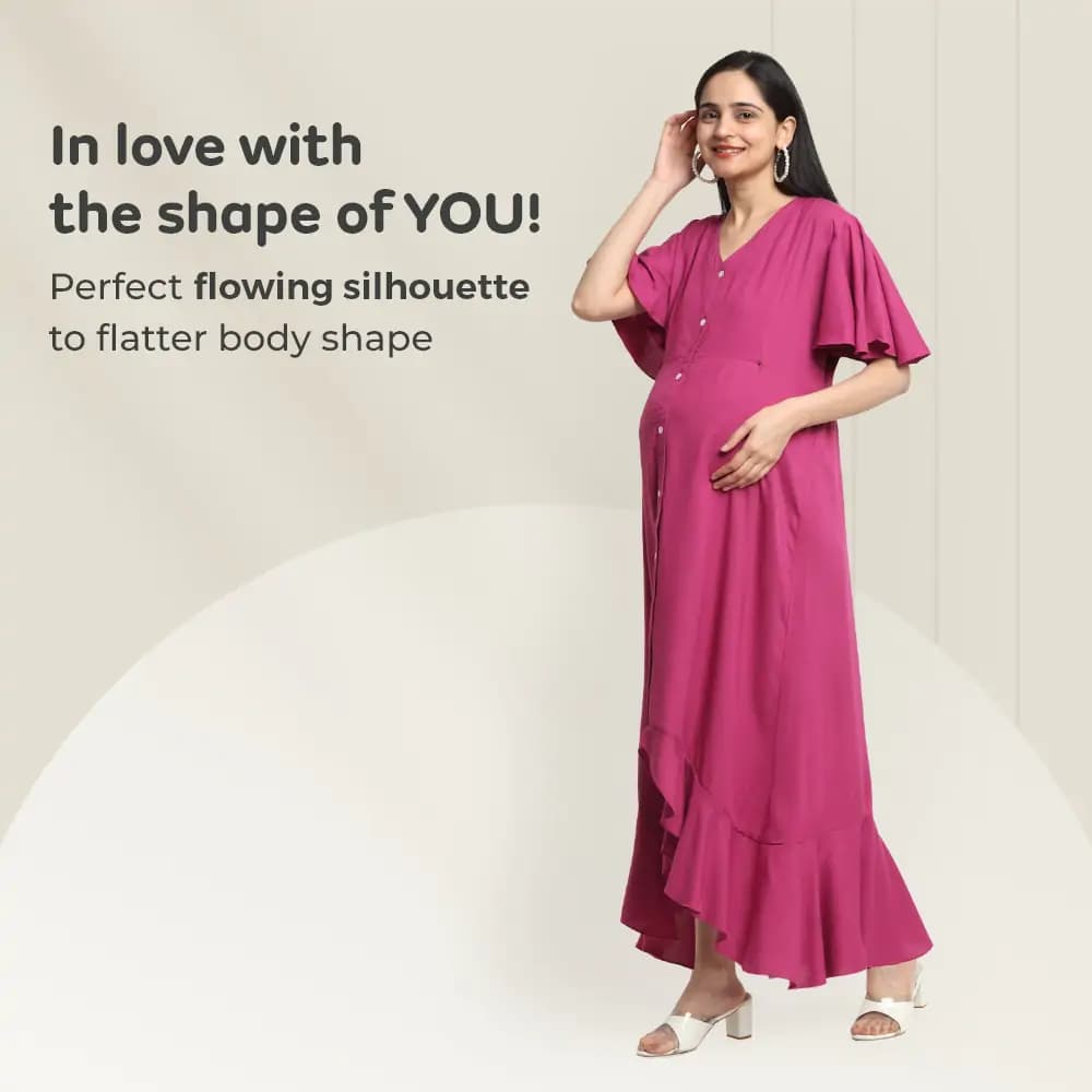 Pre & Post Maternity /Nursing, Asymmetrical  Solid Maxi Dress with both sides Zipper for Easy Feeding - Hawaiian Pink-M