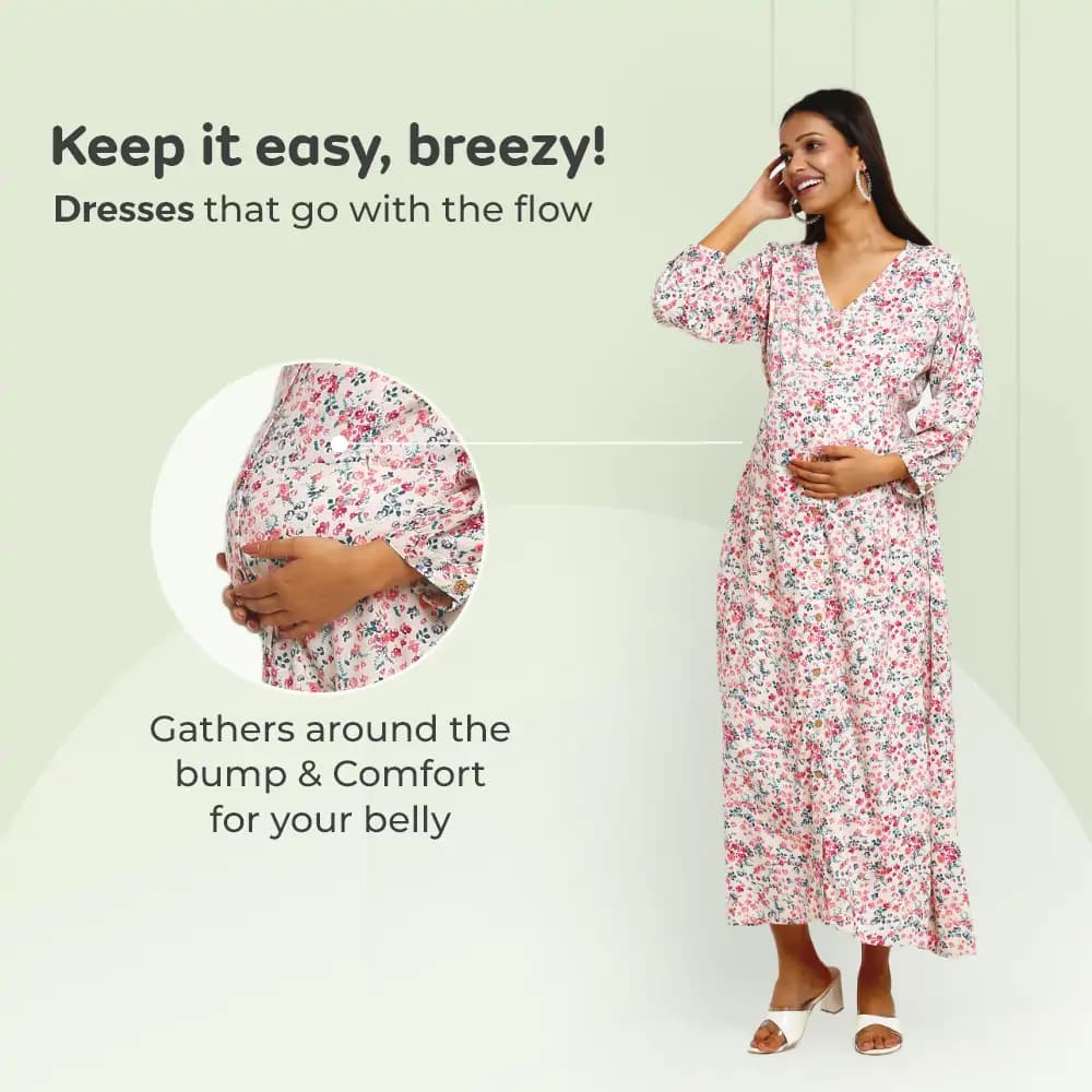 Pre & Post Maternity /Nursing Maxi Dress cum Kurti with both sides Zipper for Easy Feeding – Miami Cream–L