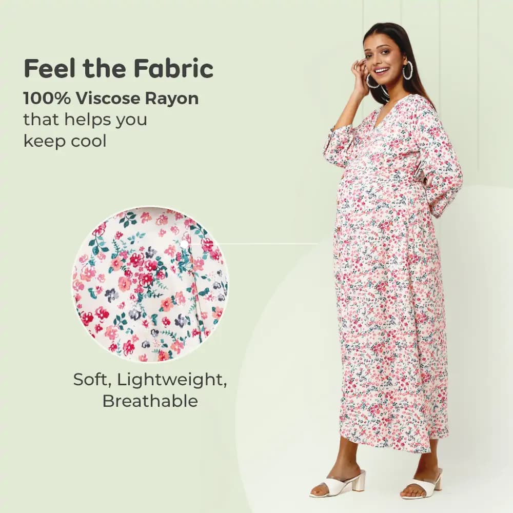 Pre & Post Maternity /Nursing Maxi Dress cum Kurti with both sides Zipper for Easy Feeding – Miami Cream–L