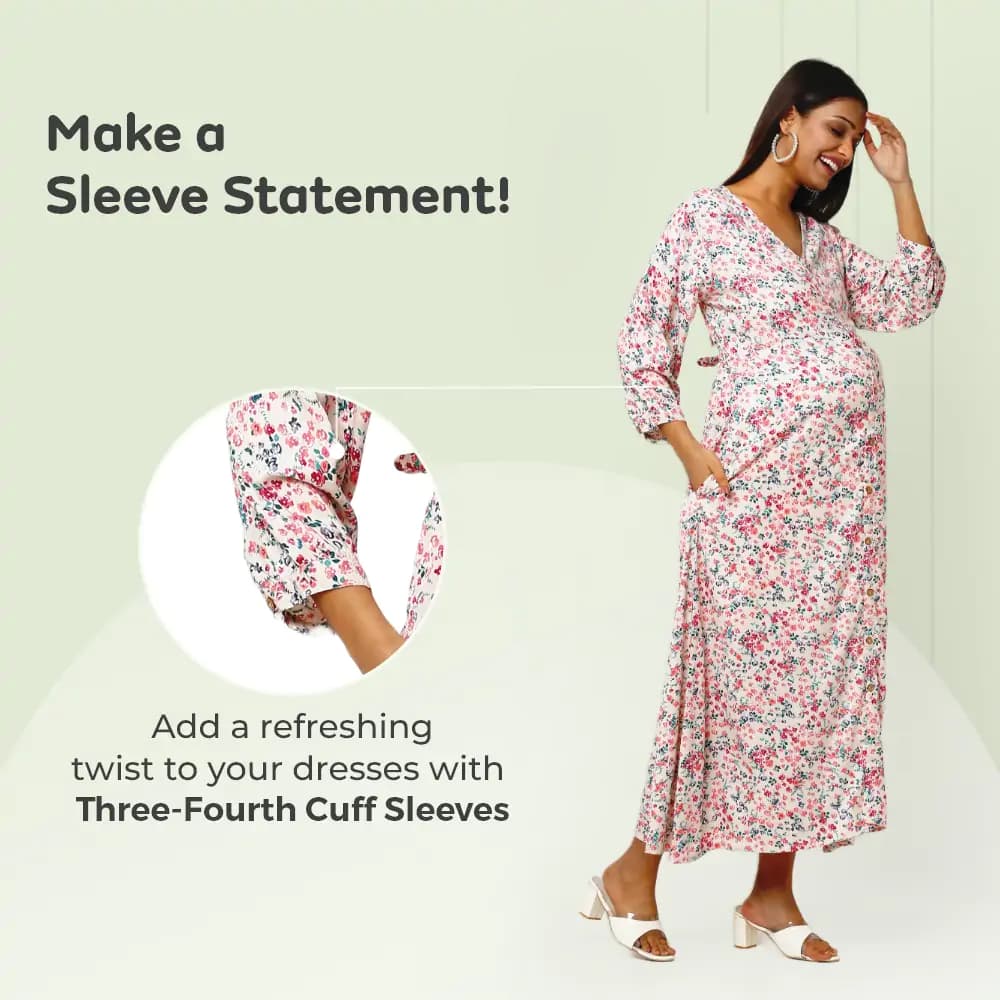Pre & Post Maternity /Nursing Maxi Dress cum Kurti with both sides Zipper for Easy Feeding – Miami Cream–L