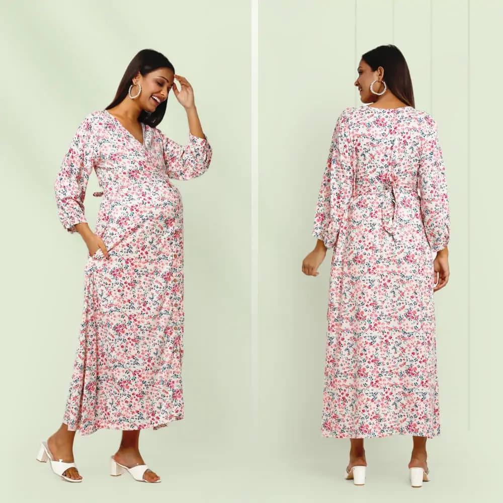 Pre & Post Maternity /Nursing Maxi Dress cum Kurti with both sides Zipper for Easy Feeding – Miami Cream–L