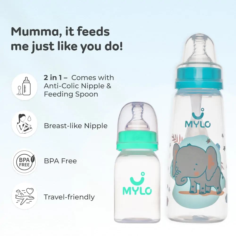 2-in-1 Baby Feeding Bottle | BPA Free with Anti-Colic Nipple & Spoon | Easy Flow Neck Design - Green & Elephant 125ml & 250ml